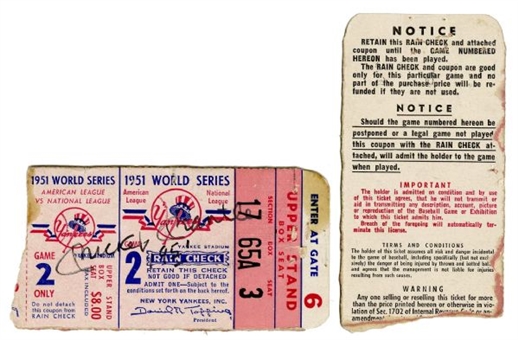 1951 World Series Game 2 Ticket Signed By Mickey Mantle – Significant Mantle Knee Injury Game!   